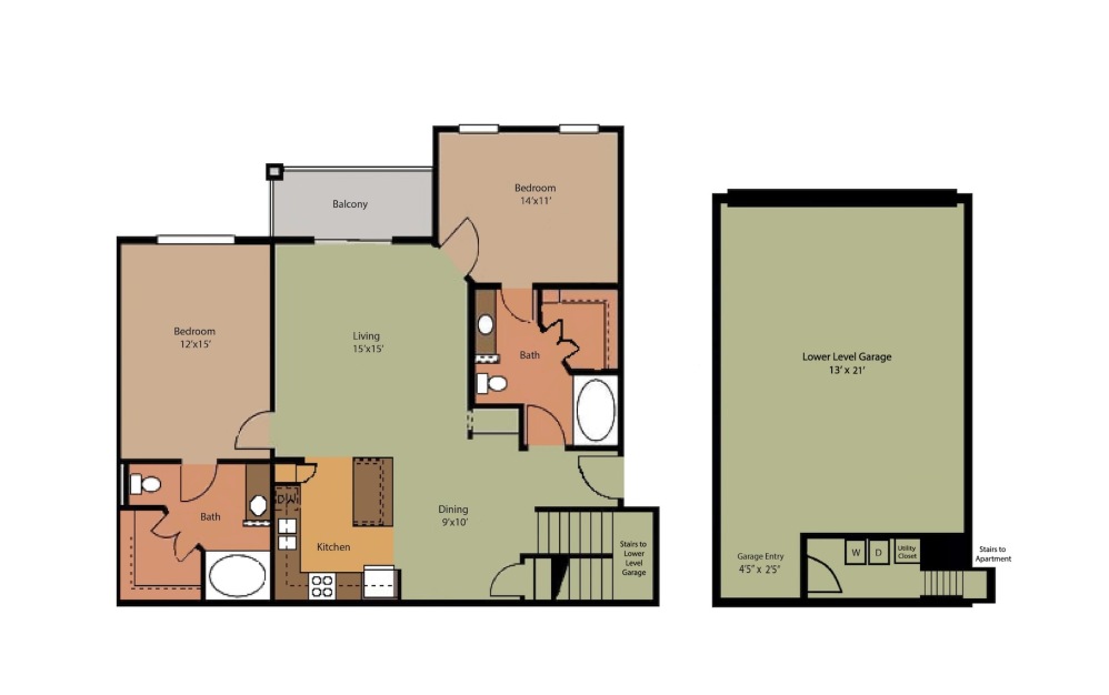 Gradison II - 2 bedroom floorplan layout with 2 bathrooms and 1221 square feet